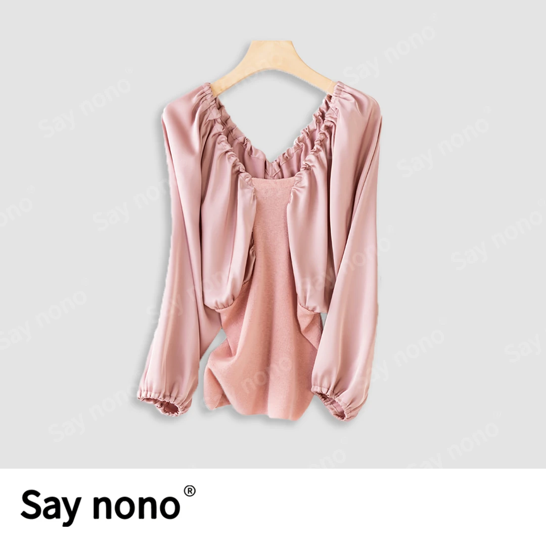 懒猫nono│Saynono V领打皱面料拼接套衫/HD23152