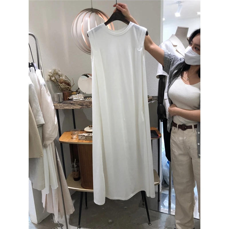 夏季新款无袖宽松纯色长款过膝A字裙女冷淡风格舒适休闲连衣裙