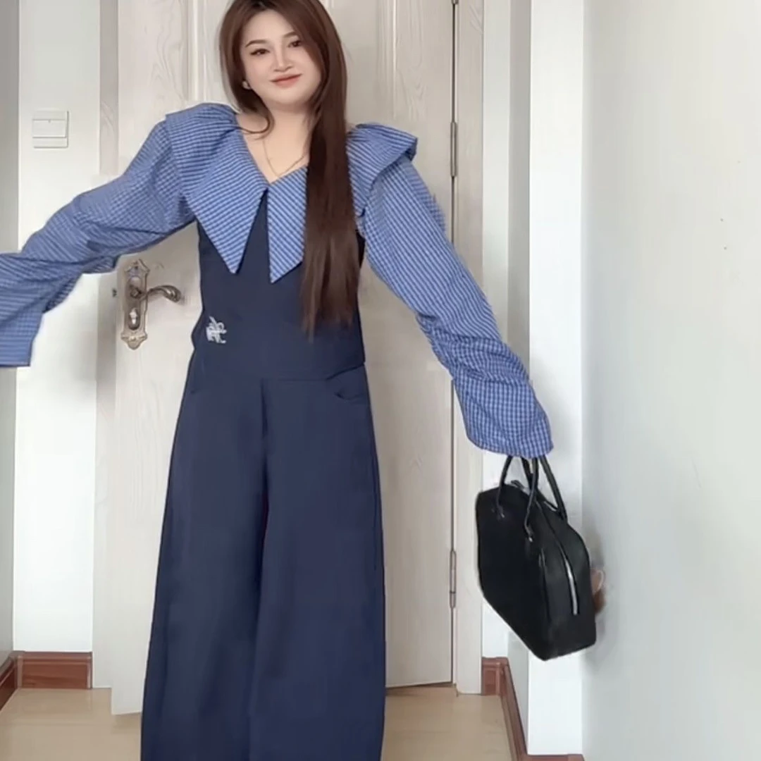 胖妹妹大码2025一字条纹拼接新款长袖衬衫春季阔腿裤套装两件套