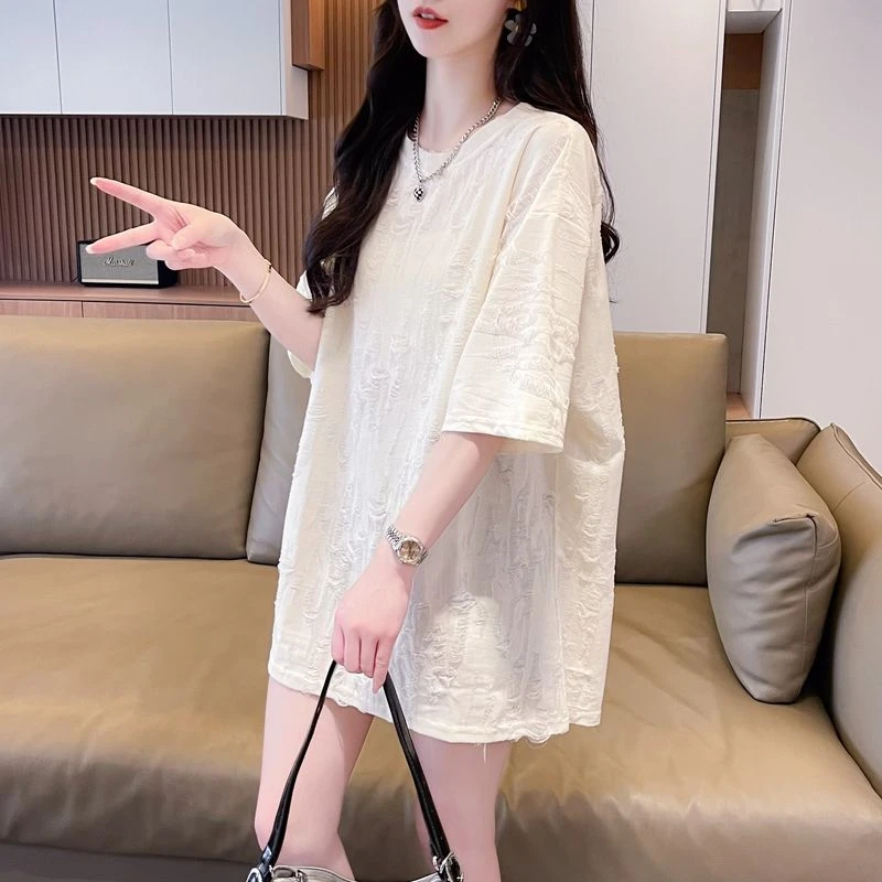 极简风遮屁股遮肚上衣中长新爆款洋气宽松韩版加大T恤短袖女破洞