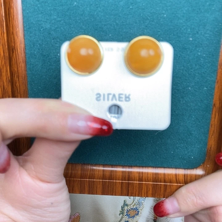 蜜蜡耳饰银S925镶嵌耳钉