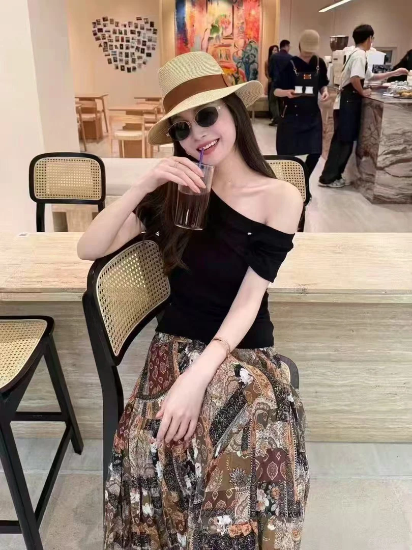 【BAI】夏新款复古度假风A字高腰百搭垂感伞裙80686