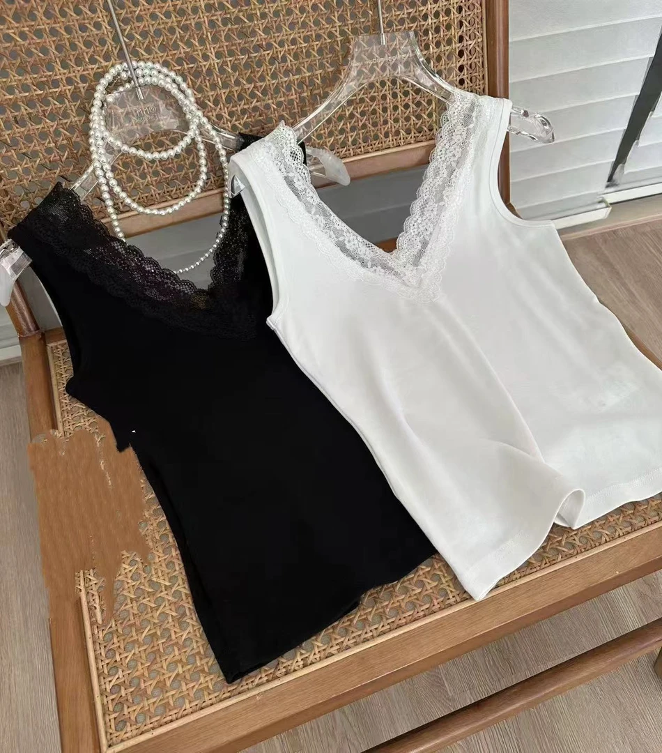 【卿卿】1188款拼接V领蕾丝花边吊带背心女2025春夏内搭外穿打底