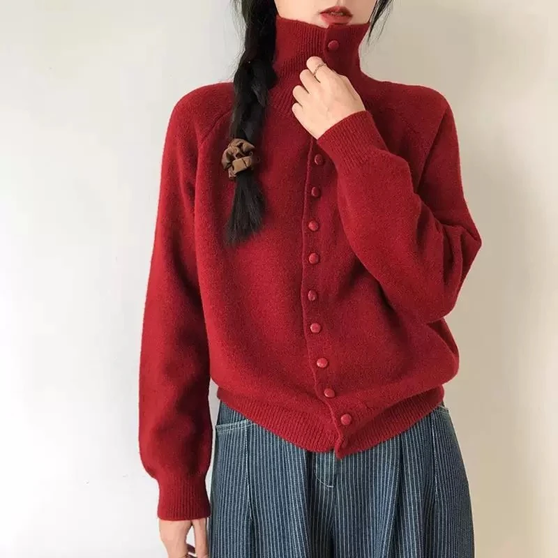 微甜【纯甄之恋--酒红色开衫】新款秋冬加厚针织上衣开衫女洋气百搭