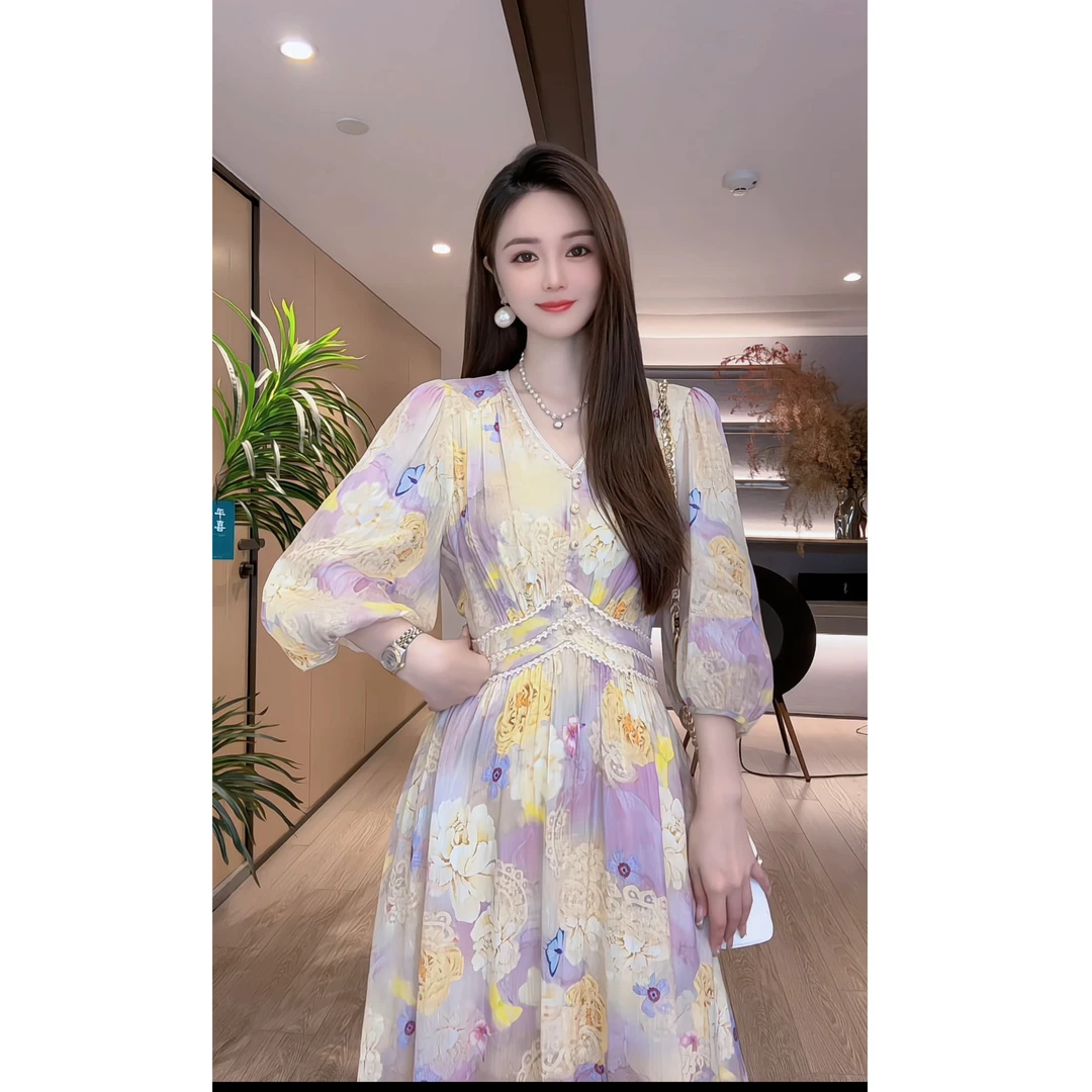 【深圳米熙儿】夏季桑蚕丝夏季印花收腰连衣裙1041