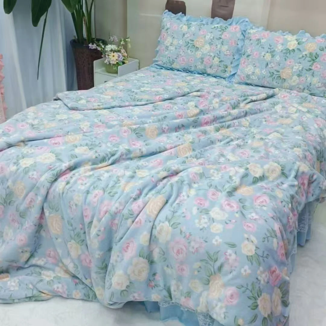 【宝宝绒床盖四件套】蕾丝款保暖田园风冬季绗缝四件套