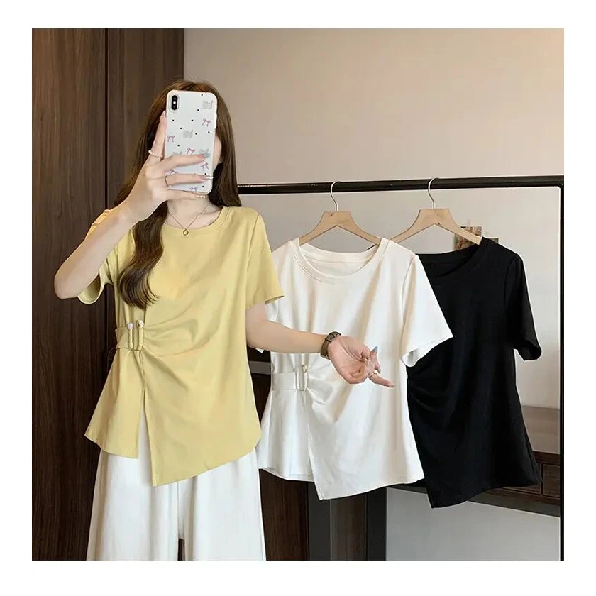 2025夏装胖妹妹大码时尚百搭国风不对称收腰短袖上衣T恤潮