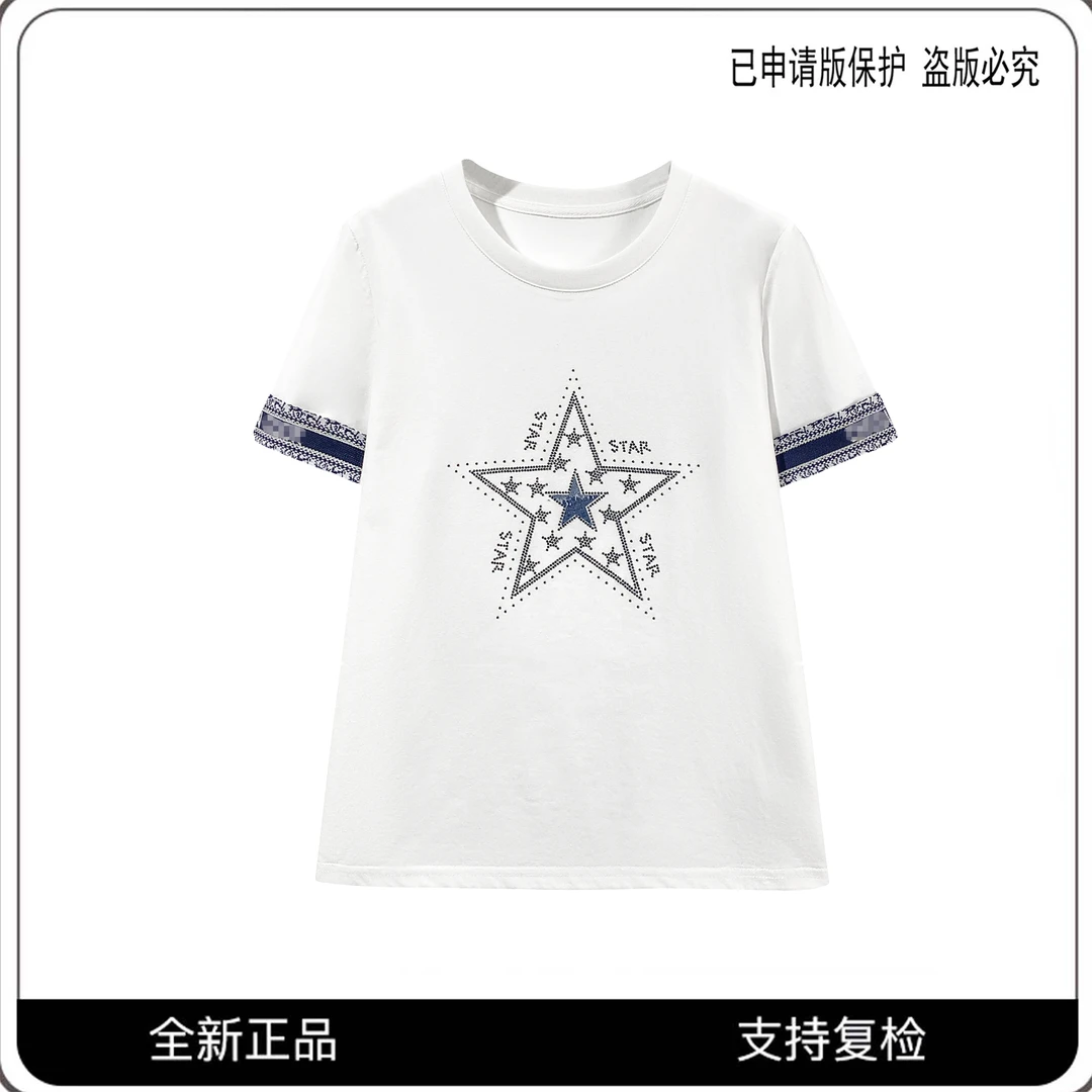 68091#CSIN轻奢时尚重工刺绣拼接烫钻T恤2025百搭个性潮流上衣