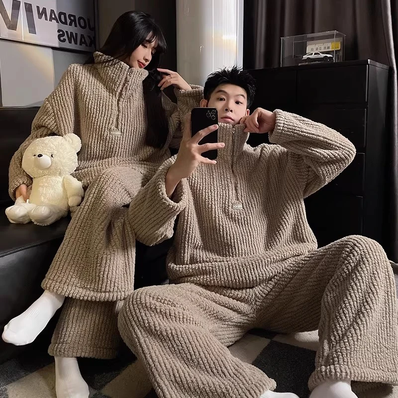 简约纯色高级感冬季情侣睡衣女珊瑚绒加绒加厚保暖男士家居服套装