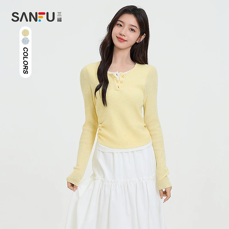 三福毛衣2025春季休闲撞色假两件毛针织衫上衣女装498785