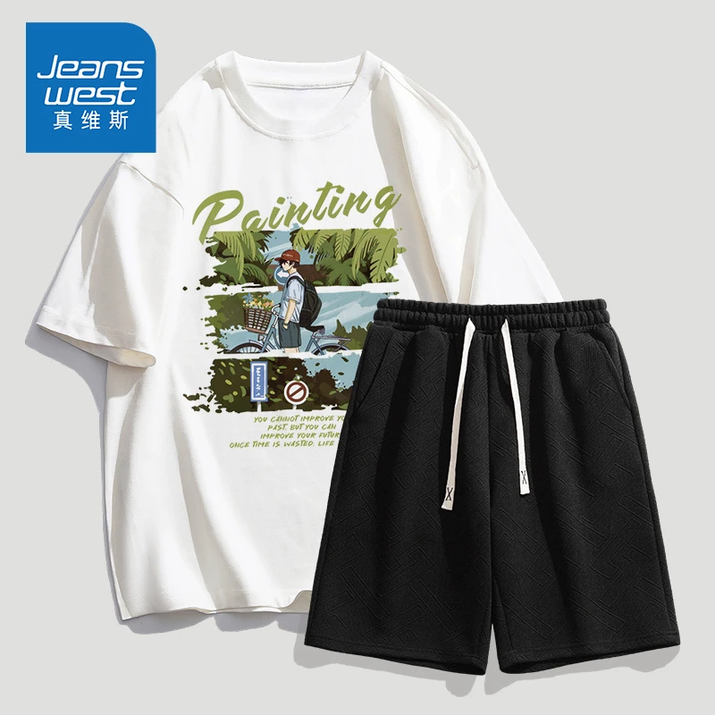 真维斯夏季新款潮牌宽松简约运动套装短袖T恤松紧短裤两件套男