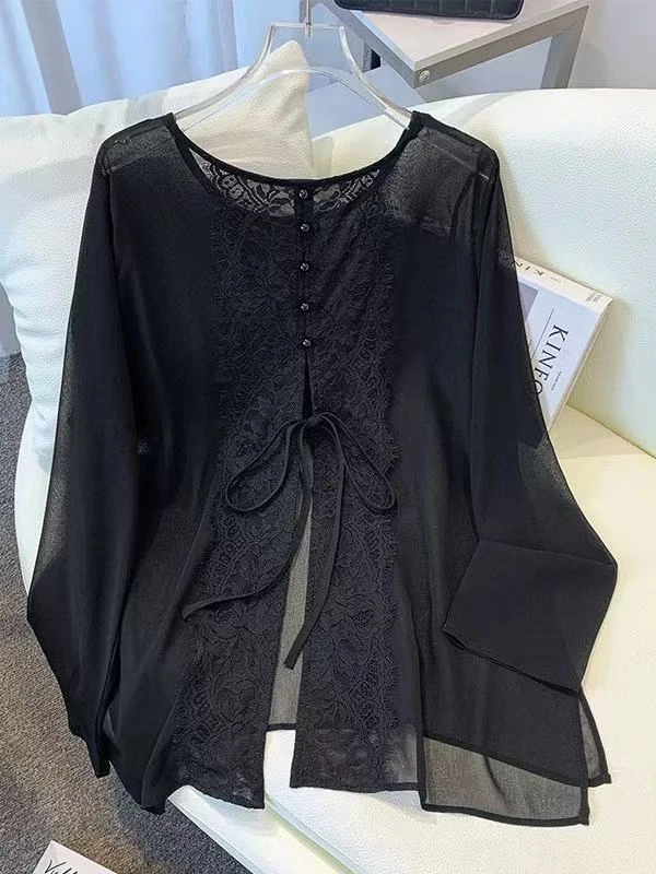 高级感薄款乔其纱长袖T恤夏季大码微胖mm蕾丝露背镂空防晒衫上衣