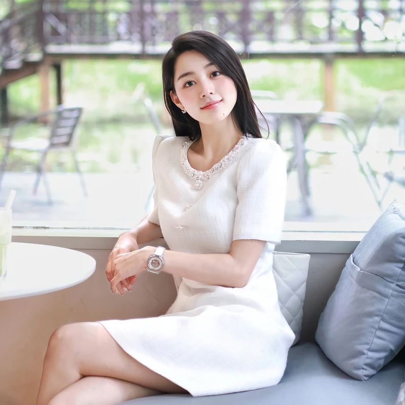 LIME/莱茵【静谧城光】夏季优雅小香风名媛连衣裙白色LMGB4ACOP809