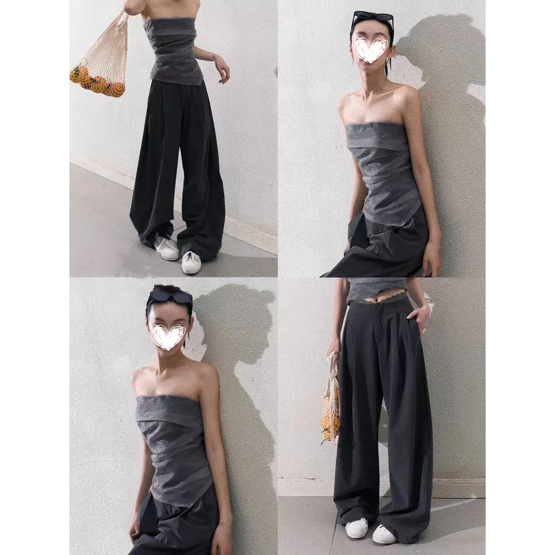 【循环的旅程】简约修身显瘦抹胸上衣休闲蕾丝阔腿裤/半裙套装