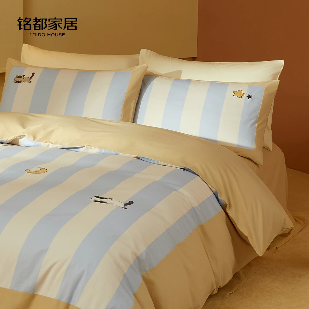 MIDOHOUSE【喵星人】A类（磨毛）全棉磨毛刺绣小猫可爱床品四件套