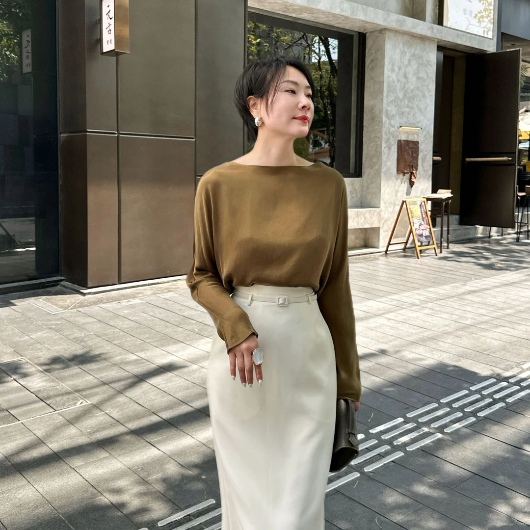 【特价】春夏一字领蝙蝠袖铜氨丝轻薄气质百搭小衫X233