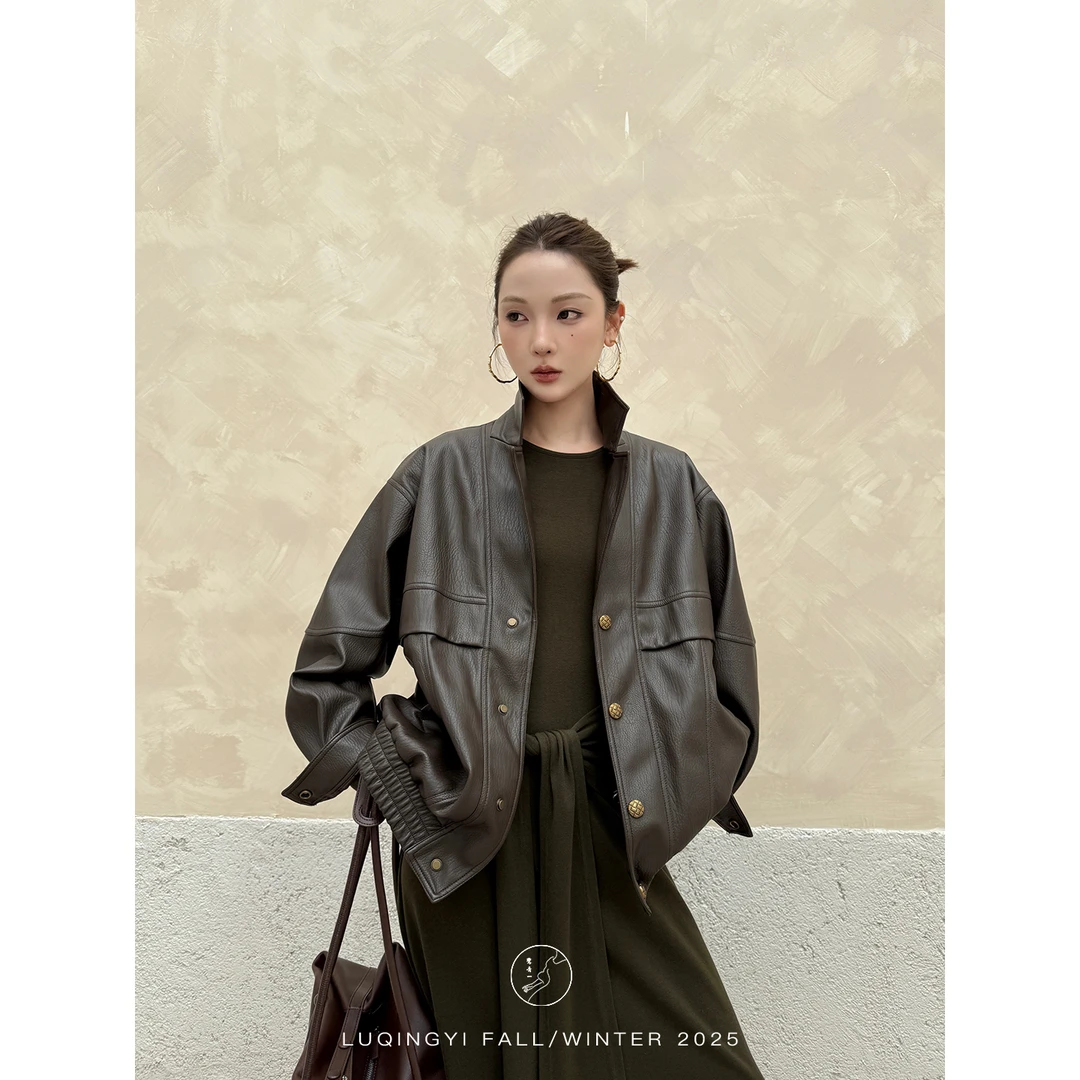 鹭青一原创【乌托邦】复古pu皮短外套女秋宽松休闲皮衣 L25P7551B