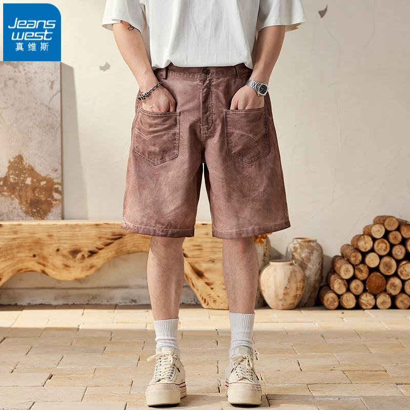 真维斯脏洗做旧高端美式潮牌休闲短裤男宽松直夏季美式直筒五分裤