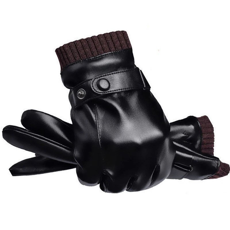 边扣螺口冬季男士触屏皮手套加绒加厚保暖防滑防水户外骑行手套