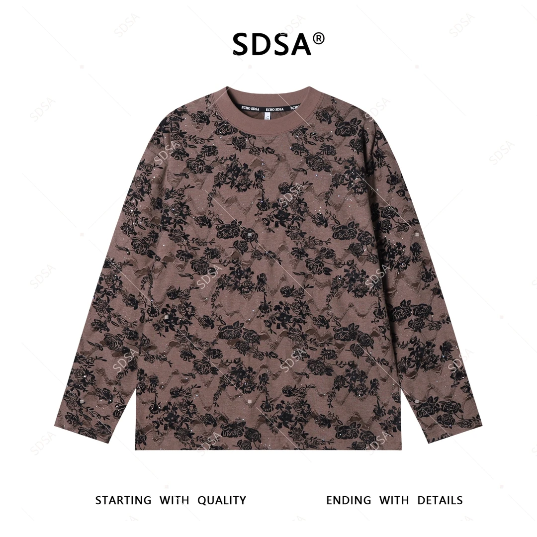 SDSA男士秋冬新款轻奢痞帅男装磨破植绒花卉满天星圆领长袖T恤潮