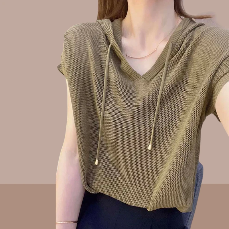 夏季冰丝短袖t恤女2025新款抽绳连帽宽松大码镂空薄款纯色上衣女