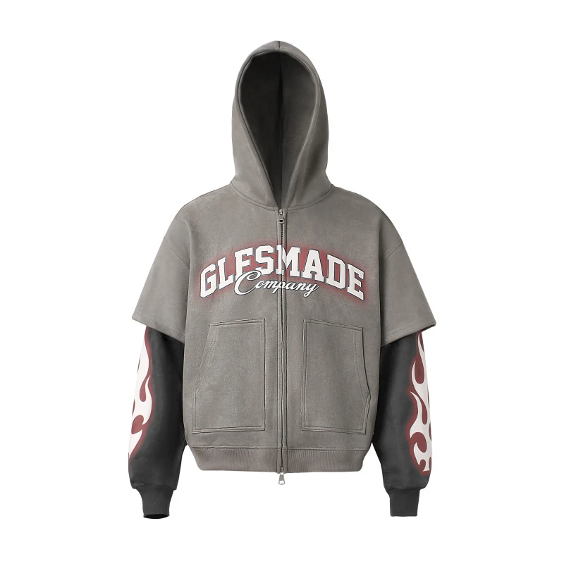 欧美街头嘻哈潮流宽松运动拼接复古印花假两件连帽开衫卫衣外套秋