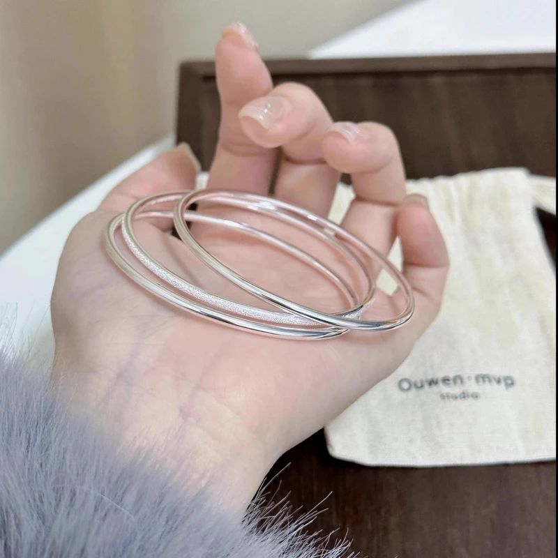 足银手镯 足银三生三世纯银手镯女999古法三圈银镯子情人节送女友