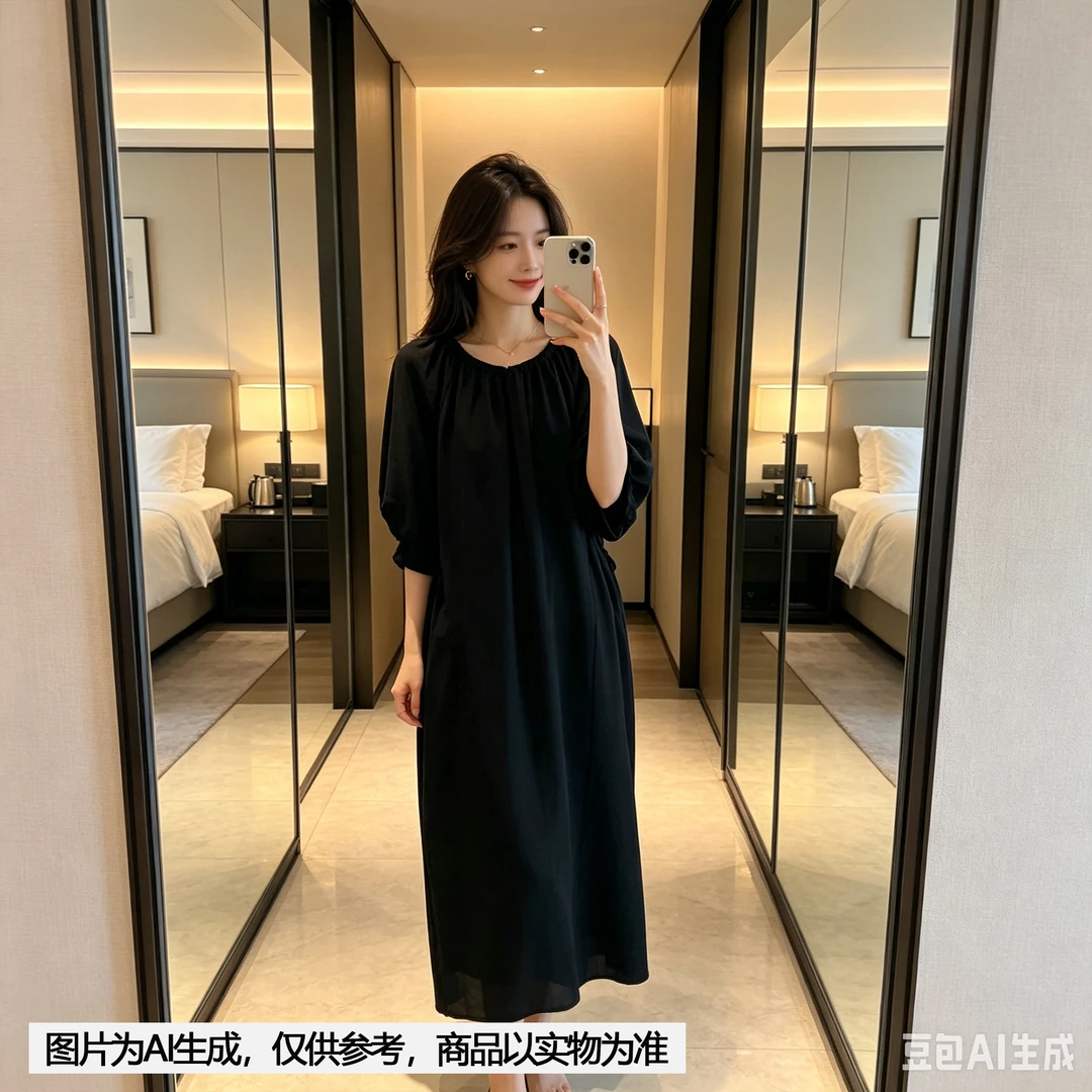 【Annie 178-179】夏款一字领灯笼袖连衣裙休闲宽松大码显瘦长裙
