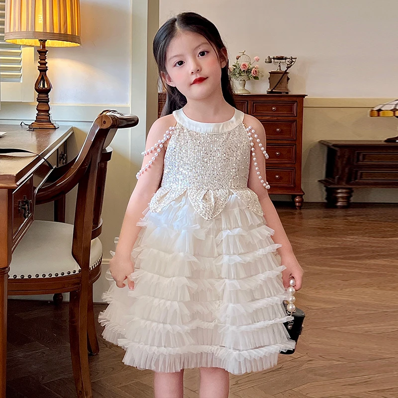 栀了成长记童装女童名媛风连衣裙时髦高级儿童礼服裙子亮片背心裙