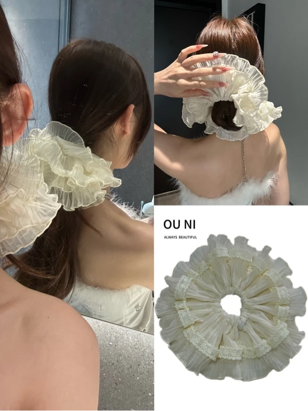 仙女的裙䙓～韩系蕾丝花边双层褶皱发圈法式氛围感加大号薄纱头花