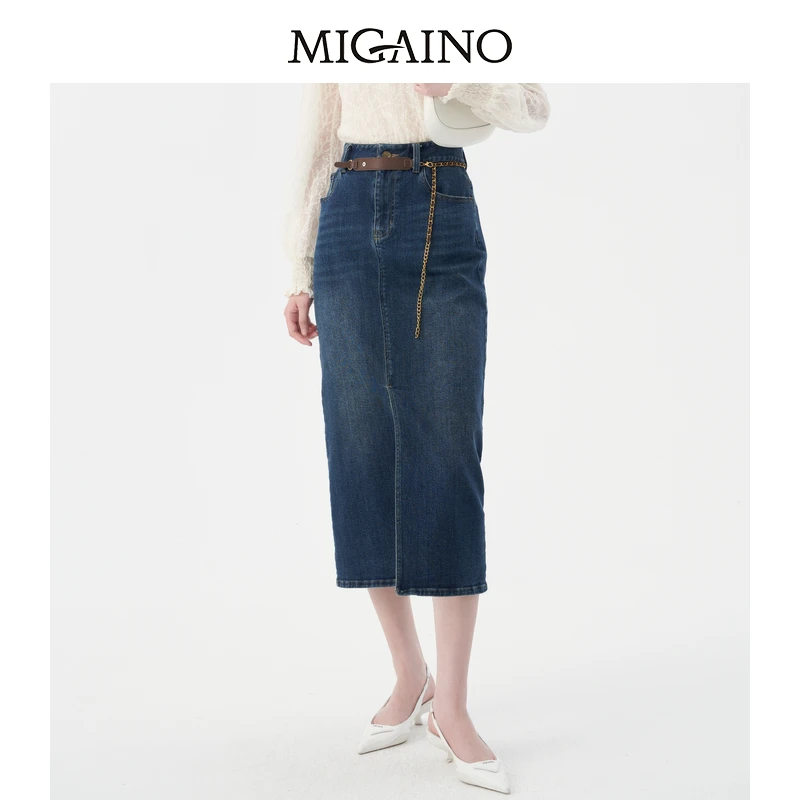 Migaino曼娅奴休闲半身裙女年秋季新款高腰开叉裙子MN32EJ005