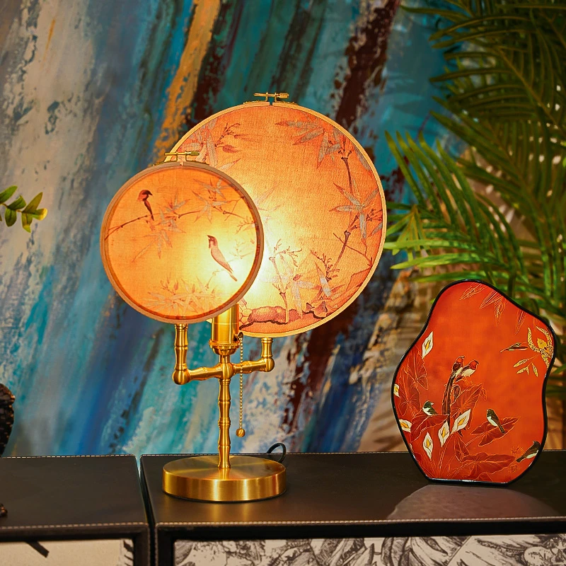 新中式复古国风子母团扇子灯客厅玄关卧室床头桌面装饰全铜氛围灯