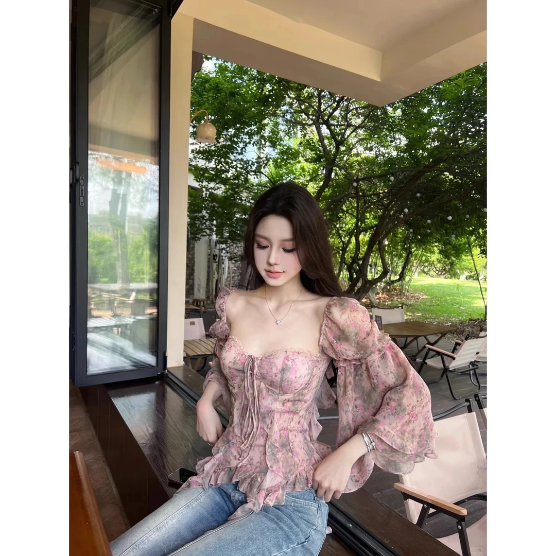 法式纯欲辣妹风设计感碎花飘袖衬衫女夏季新款不规则修身显瘦上衣