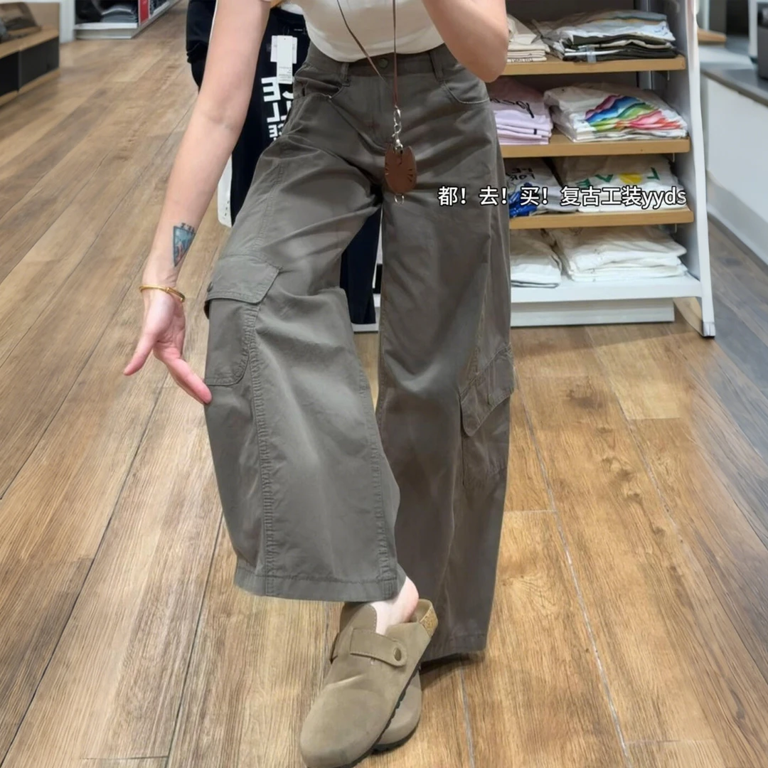 美式复古军绿色工装阔腿裤女秋季设计感垂感宽松显瘦高腰休闲长裤