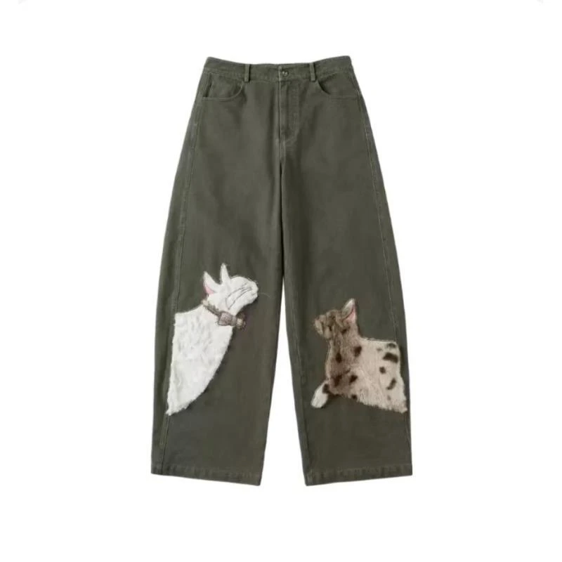 【绒猫贴布】重工贴布绣宽松弯刀休闲阔腿裤D2356