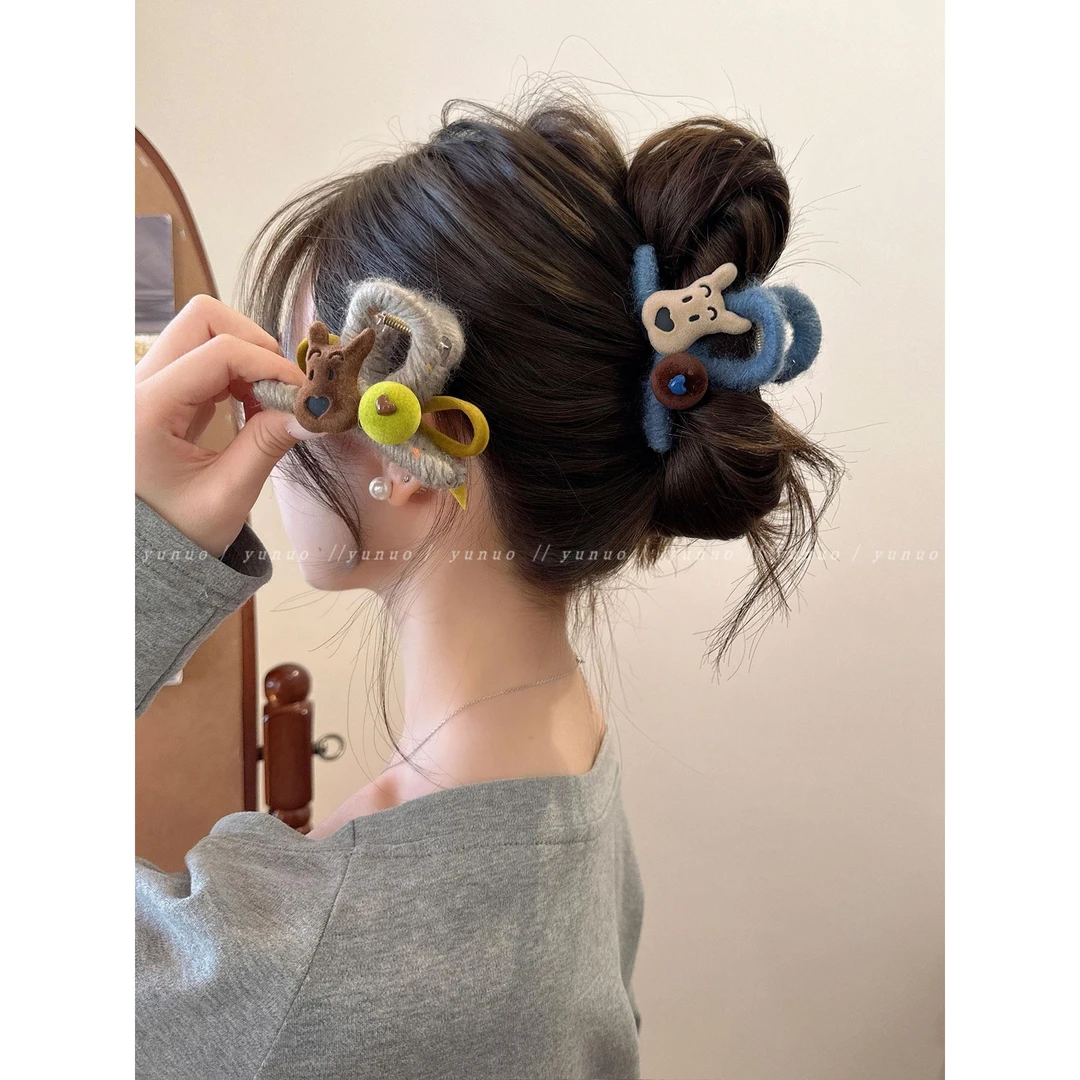 可爱狗狗毛线抓夹女小众设计蝴蝶结发夹后脑勺高级感鲨鱼夹发量多