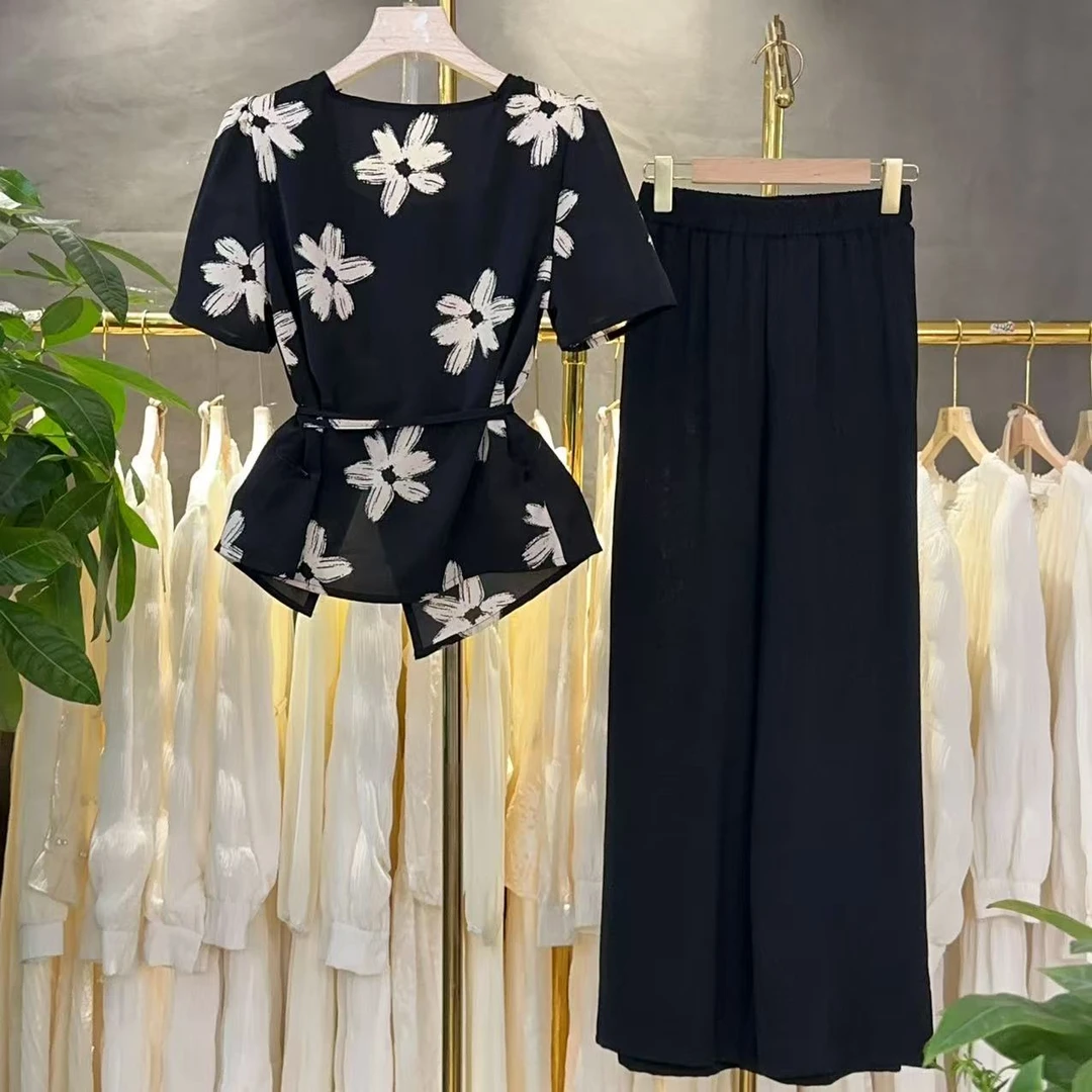 【两件套】时尚套装2025夏季新款休闲减龄上衣+阔腿裤套装M523