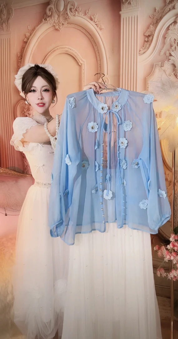 【崔】S0103 韩风ins立体花朵系带灯笼袖衬衫女宽松显瘦百搭上衣