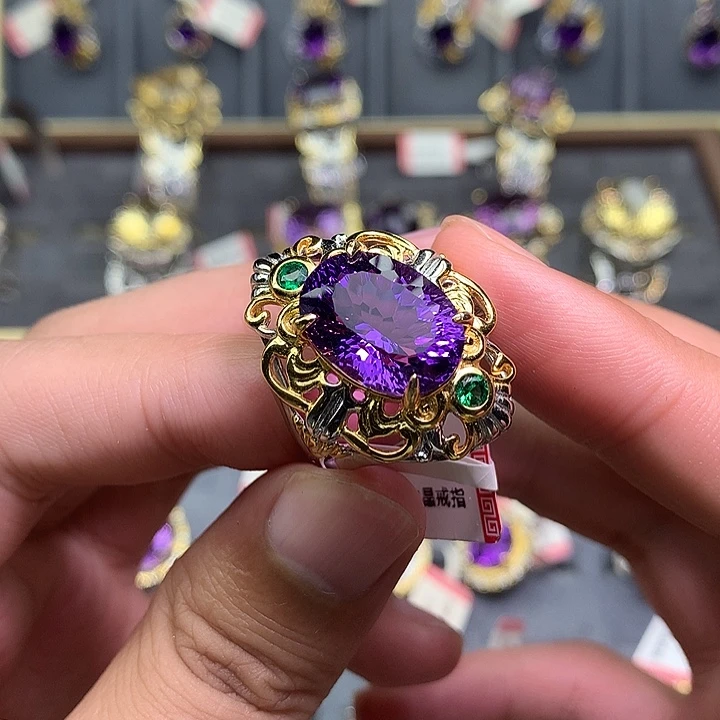 水晶戒指银S925镀金镶嵌