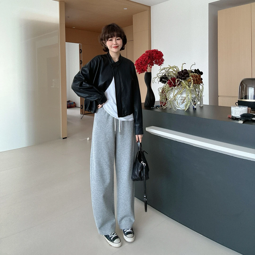 春季窄版高腰松紧腰韩版显瘦百搭纯色长裤卫裤休闲裤