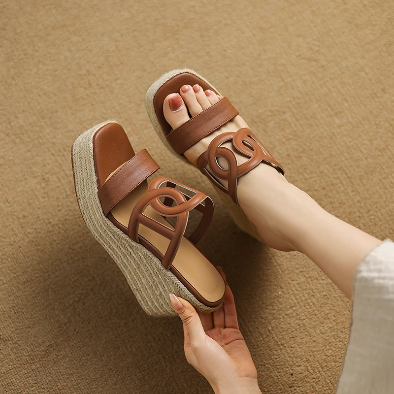 牛皮/9cm草编底一字凉拖鞋外穿真皮厚底防水台凉鞋夏百搭外穿凉拖