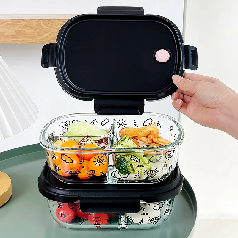 玻璃饭盒微波炉加热专用上班族保鲜盒水果密封带饭餐盒卡通便当碗