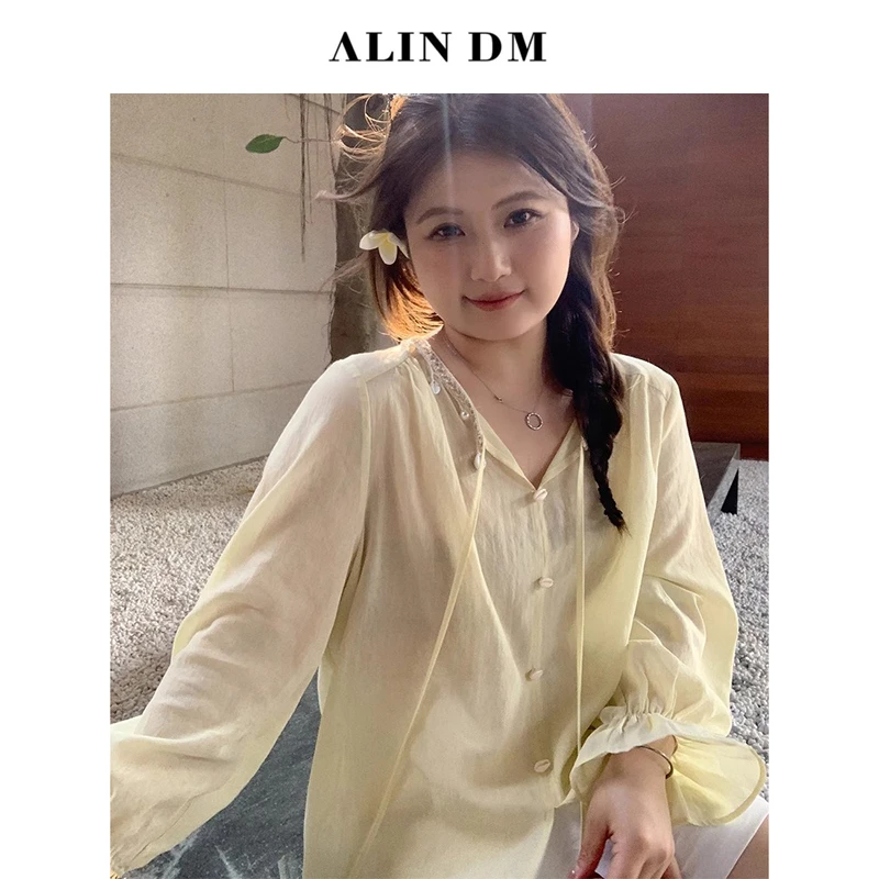 ALINDM【菊夏岛屿 】大码微胖mm洋气减龄气质法式V领衬衫 AS26328