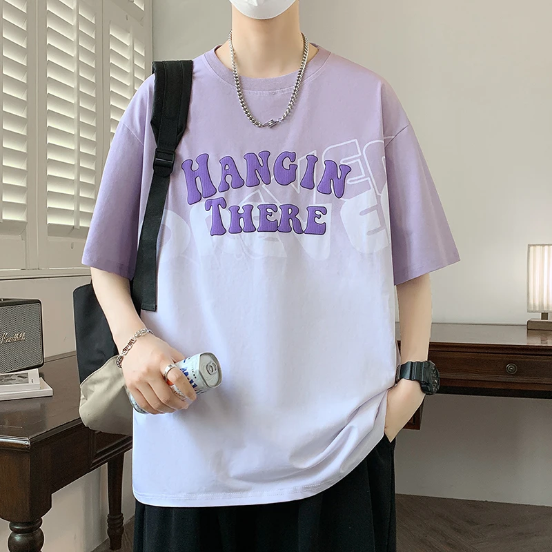 渐变短袖t恤男士夏季新款宽松圆领半袖上衣青少年潮流印花体恤衫T