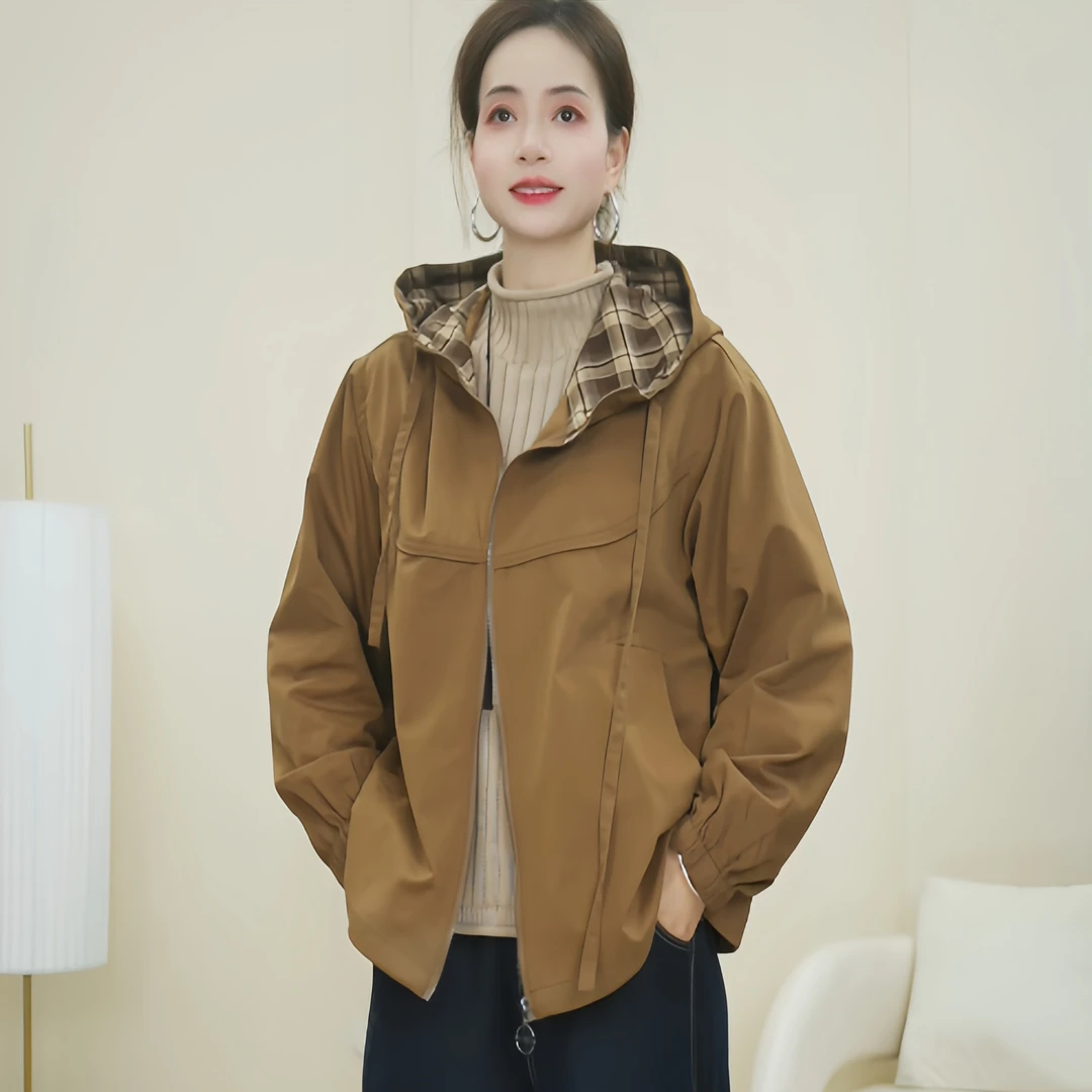 新款春秋短款时尚休闲百搭外套女士户外连帽宽松显瘦开衫上衣385