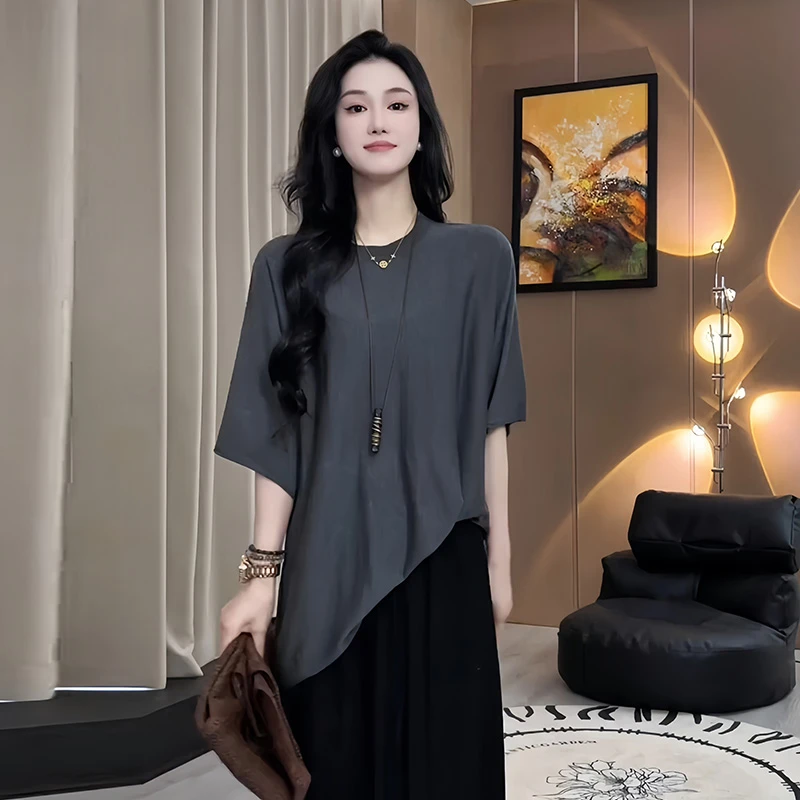 高级感减龄穿搭不规则短袖T恤女2026夏季新款气质舒适宽松上衣潮