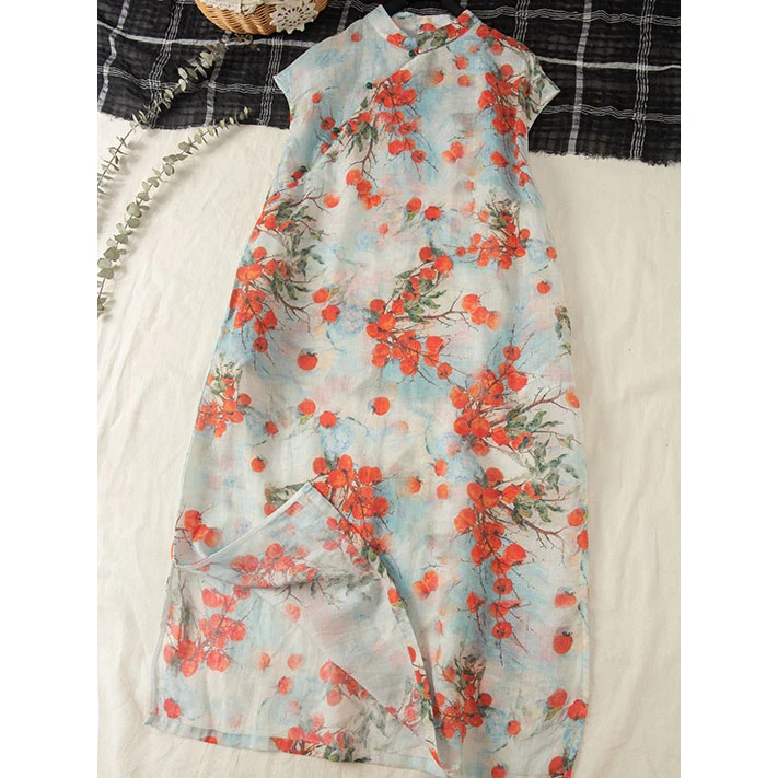 民族风棉麻中式改良旗袍连衣裙大码显瘦中长裙胖MM印花A字连衣裙