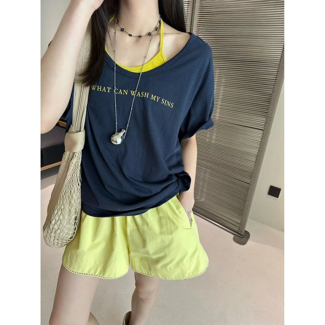 99215#M77#（两件套）韩系简约宽松字母短袖小衫+挂脖吊带（福利