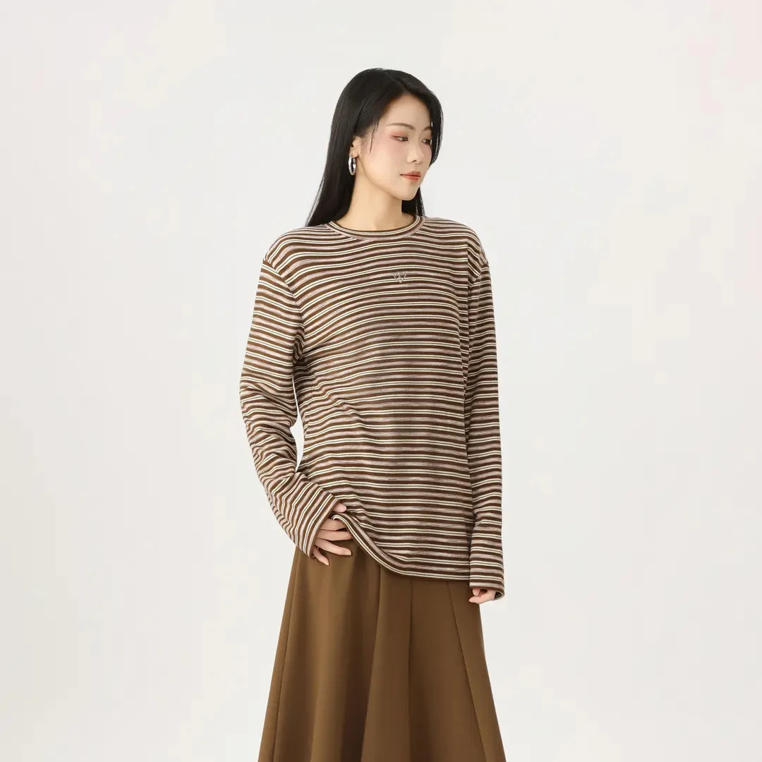 GIRDEAR/哥弟早秋新款慵懒风百搭条纹修身显瘦圆领长袖T恤1300866