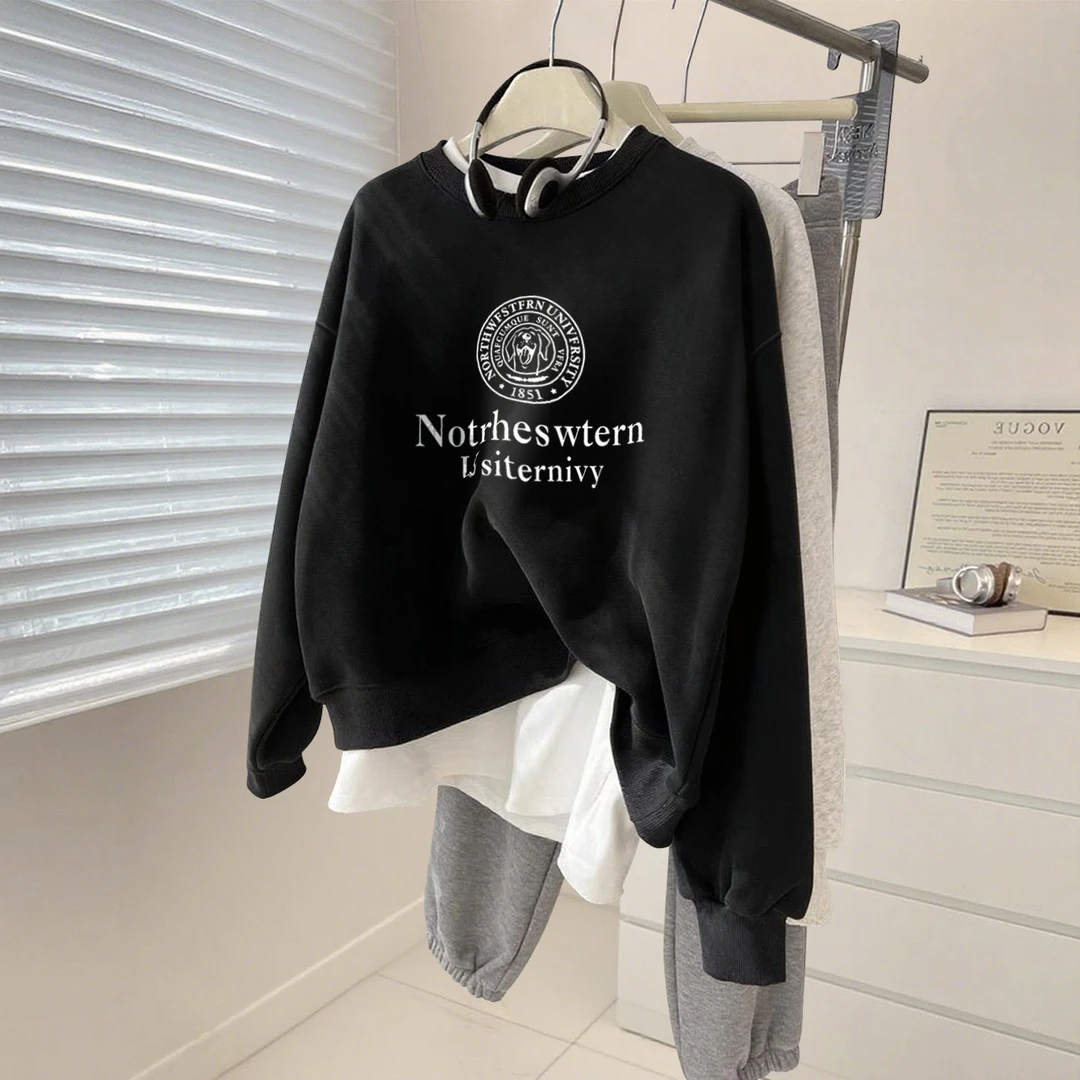 黑色设计感小众字母印花卫衣女加绒2025新款春秋冬季宽松圆领上衣